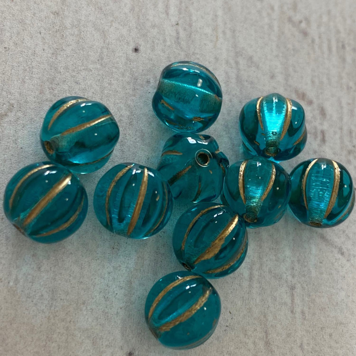 Czech Glass 8mm Melons Dark Aqua Gold Wash 10pcs