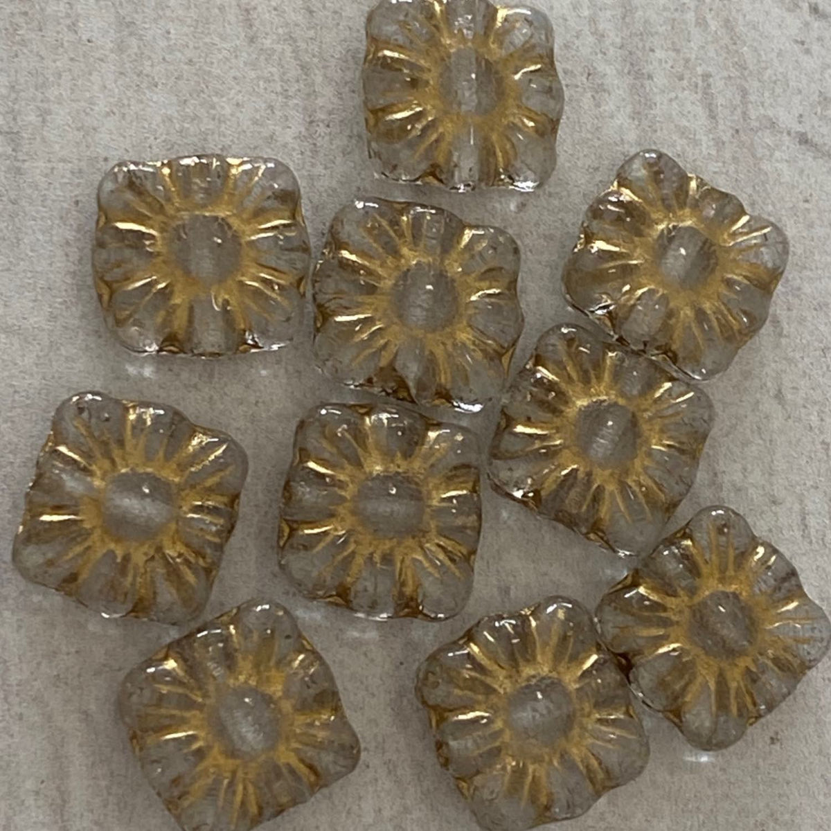 Czech Glass 9x9mm Square Flower Crystal Gold Wash 10pcs