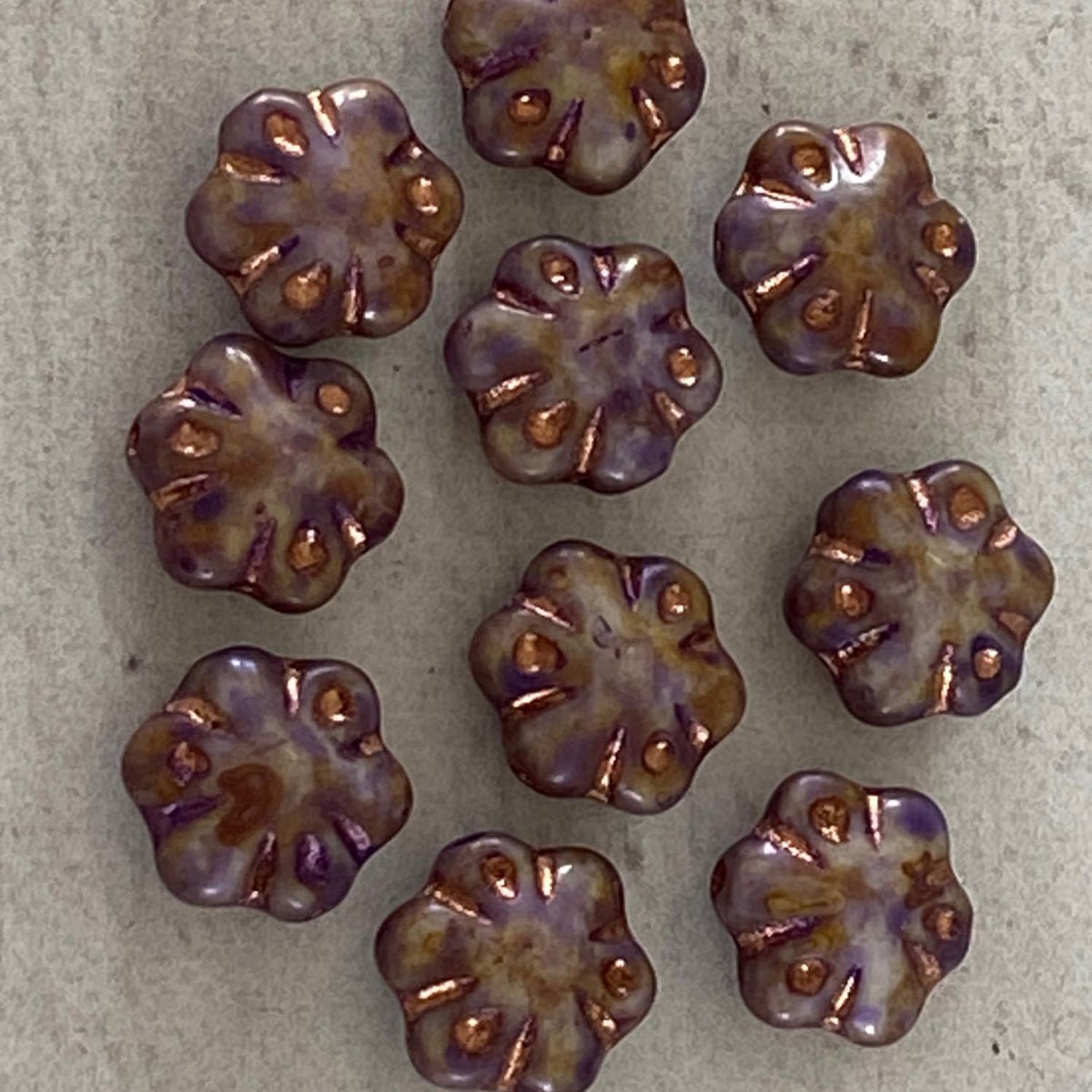 Czech Glass Folklore Flowers 11mm Opaque White Purple Luster Copper Wash 10pcs