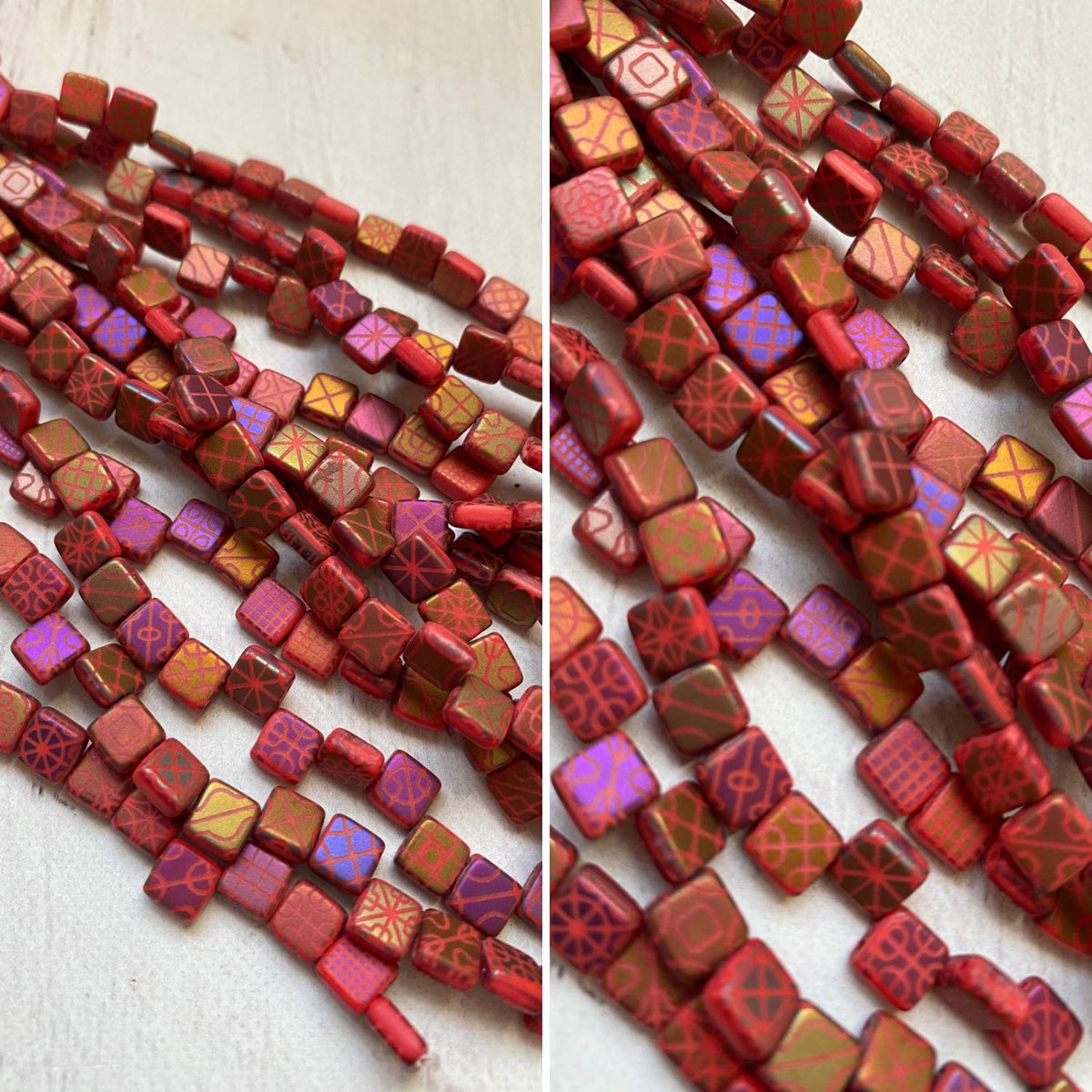 Czech Glass Laser Etched 6mm Square 2 Hole Beads Matte Iridescent Red with Patterns