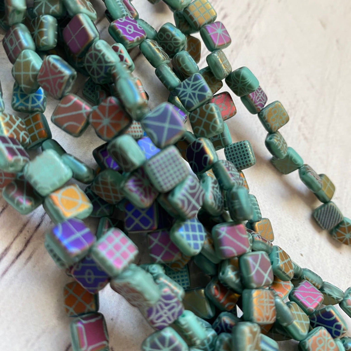 Czech Glass Laser Etched 6mm Square 2 Hole Beads Blue Green Multi Iridescent Patterns