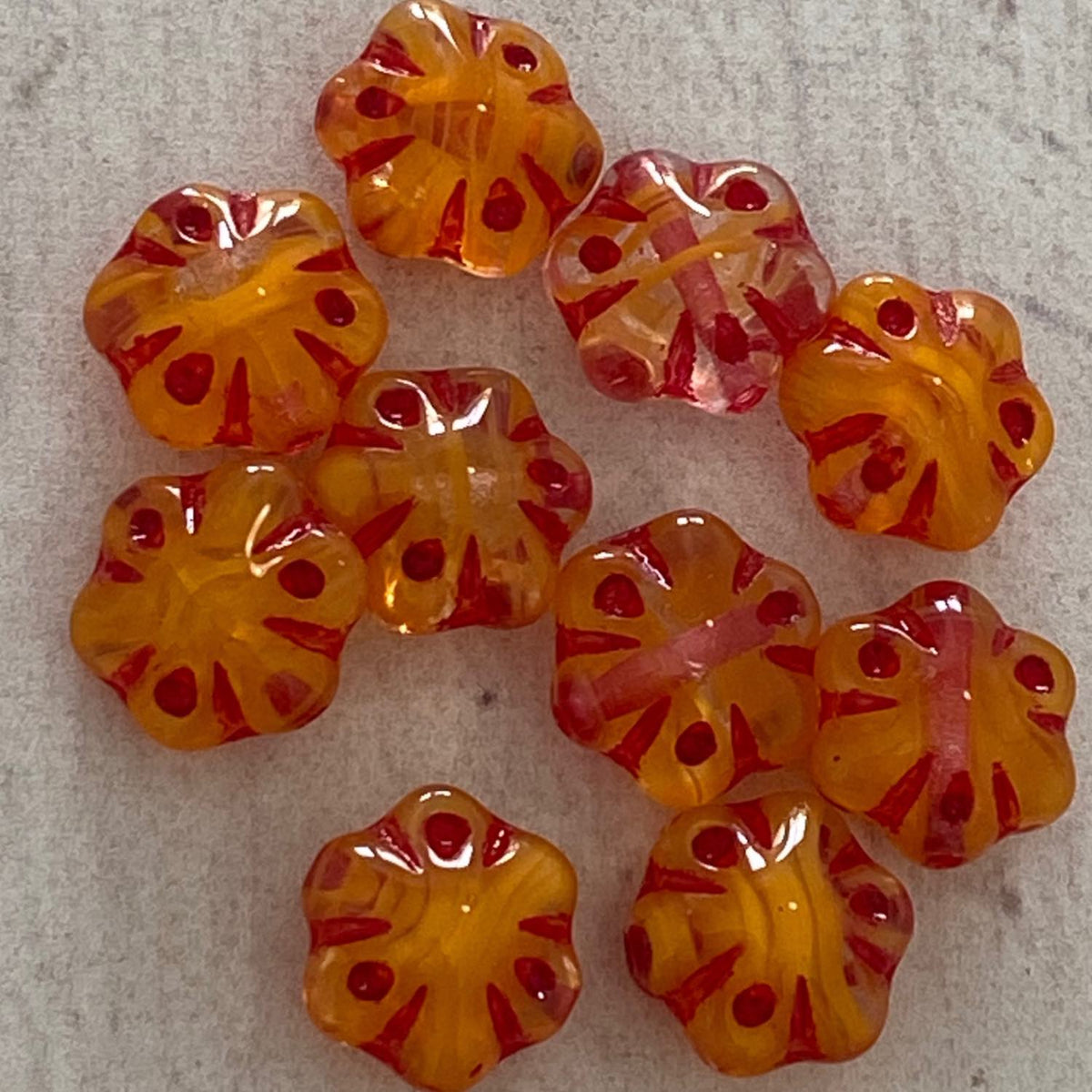 Czech Glass Folklore Flowers 11mm Crystal Orange Two Tone with Red Wash 10pcs