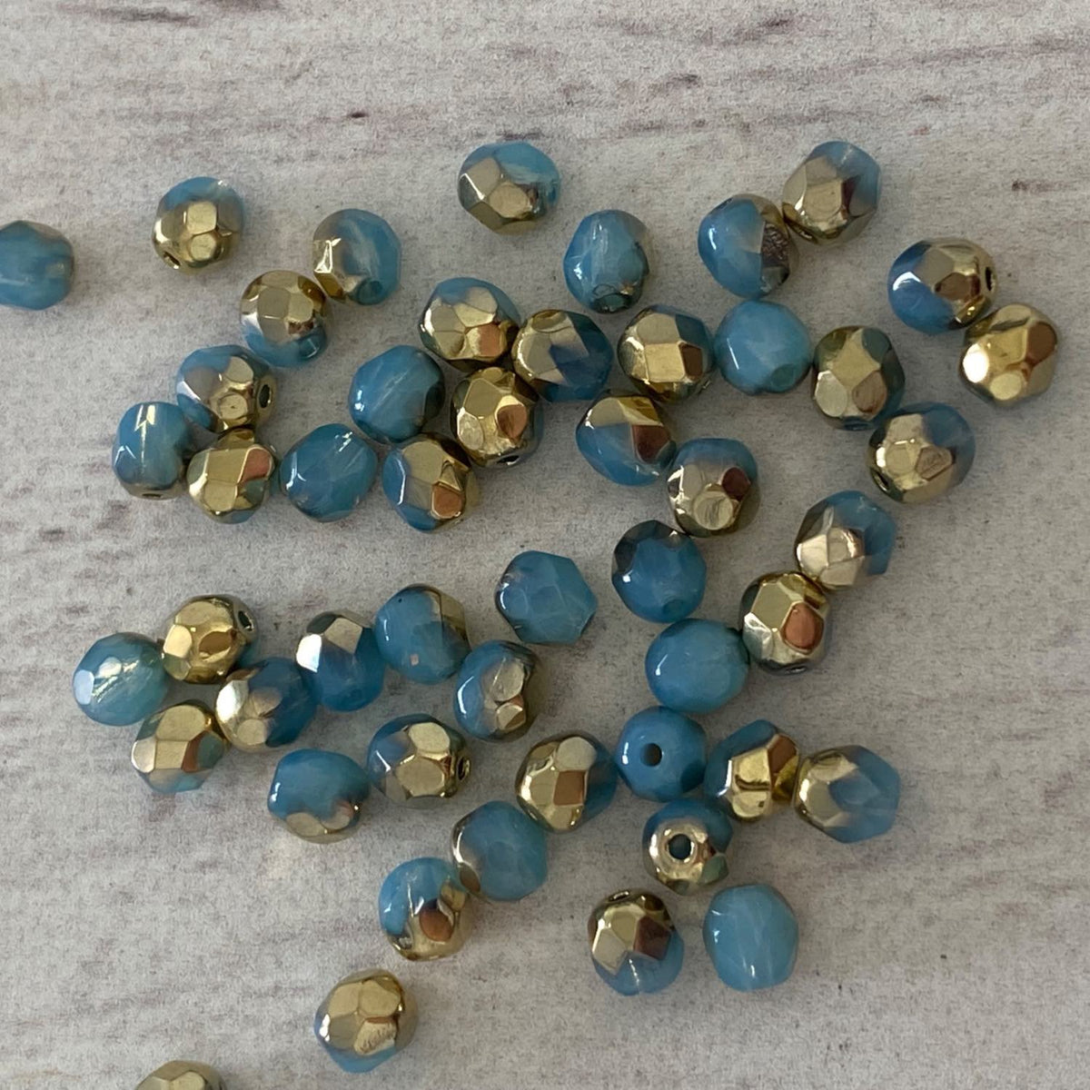 Czech Glass Fire Polish 4mm Aqua Opal Half Gold 50pcs