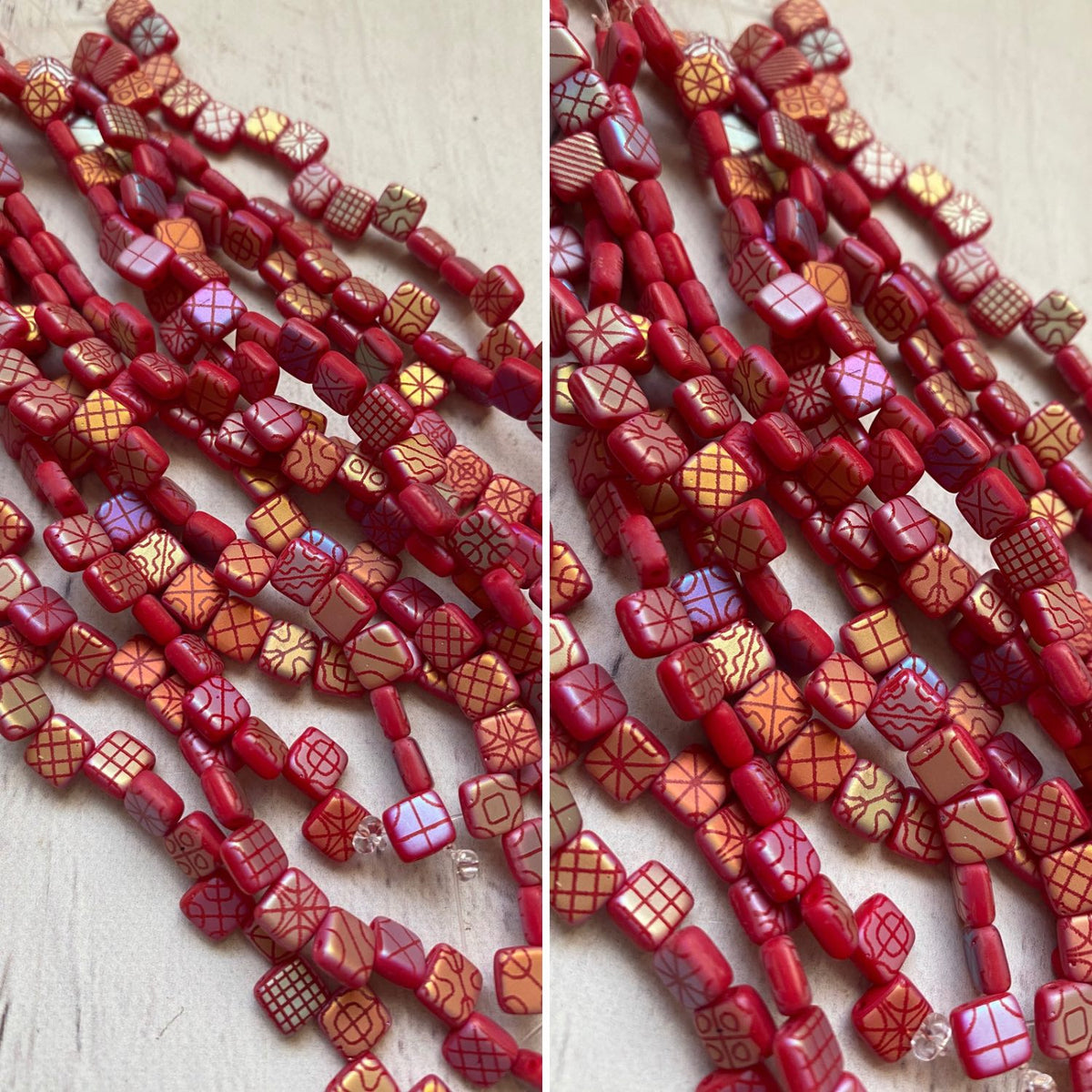 Czech Glass Laser Etched 6mm Square 2 Hole Beads Iridescent Deep Pink Red with patterns