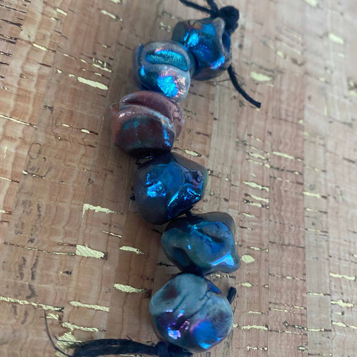 XAZ RAKU Fired Large Nugget Bead Strand 6 pieces