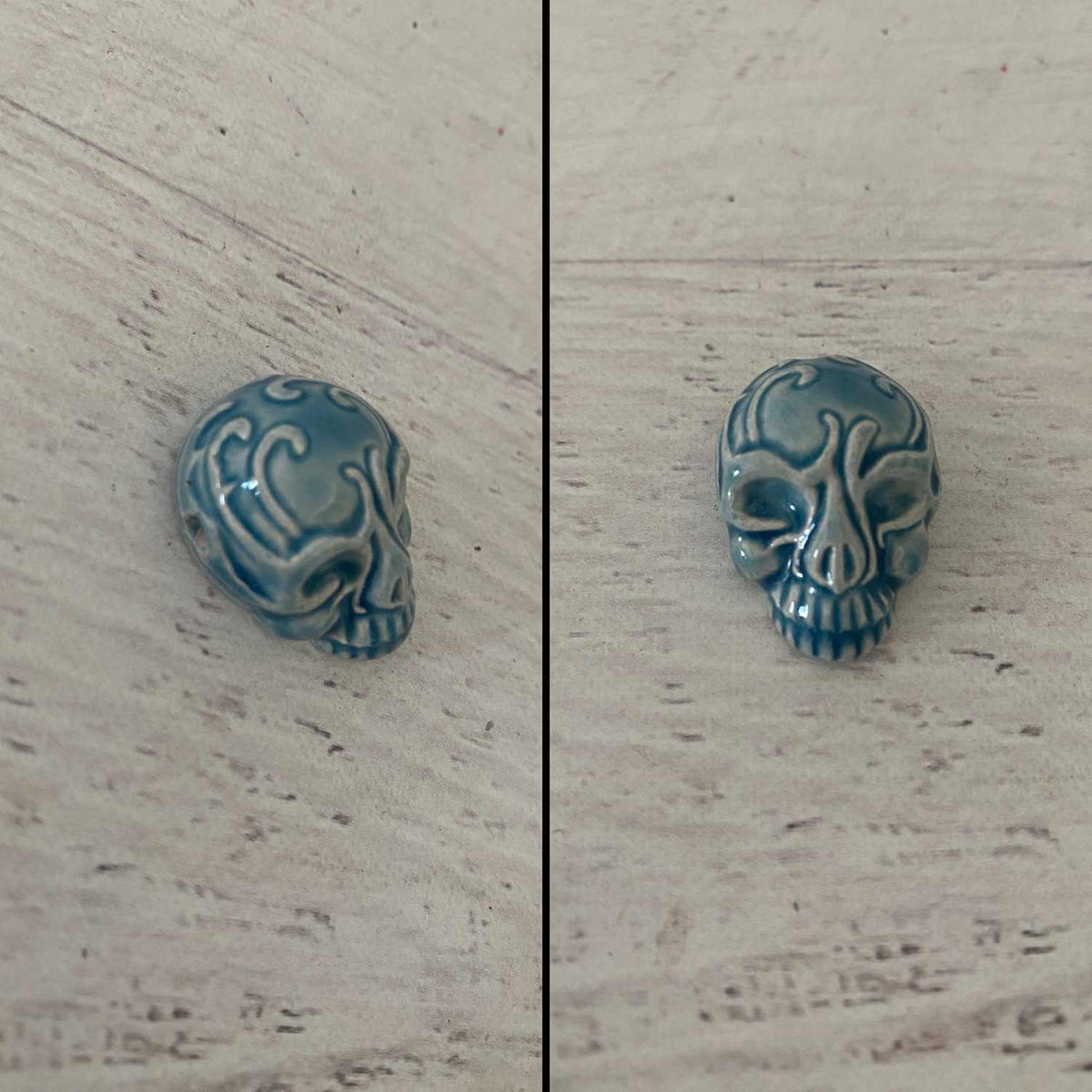 RAKU Fired Skull Head Blue Bead Flat Bottom with Hole 1 Piece