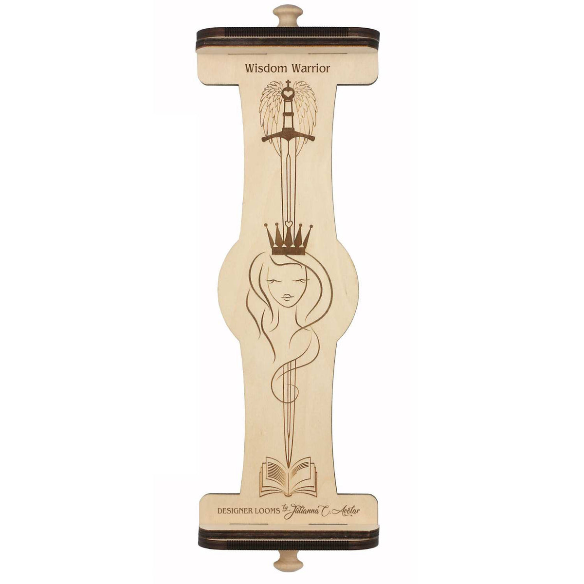 A wooden upright bead loom named 'Wisdom Warrior' with a working area of 3 inches wide by 12 inches in length, featuring an engraved design of a warrior girl with a sword and crown.