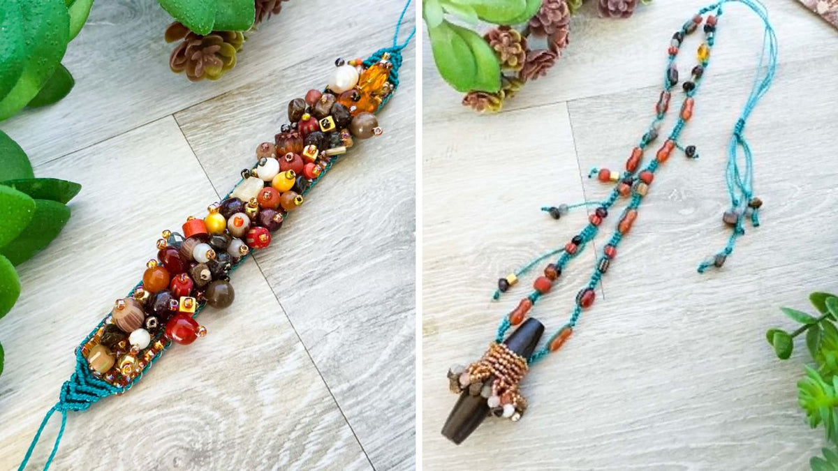 Beaded bracelet and necklace on a light wooden surface with green leaves.