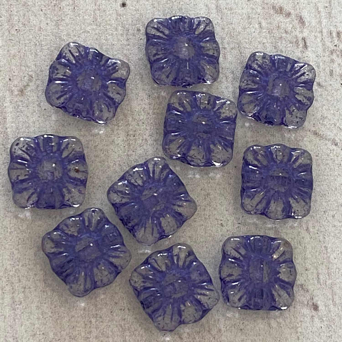 Czech Glass 9x9mm Square Flower Crystal Purple Wash 10pcs