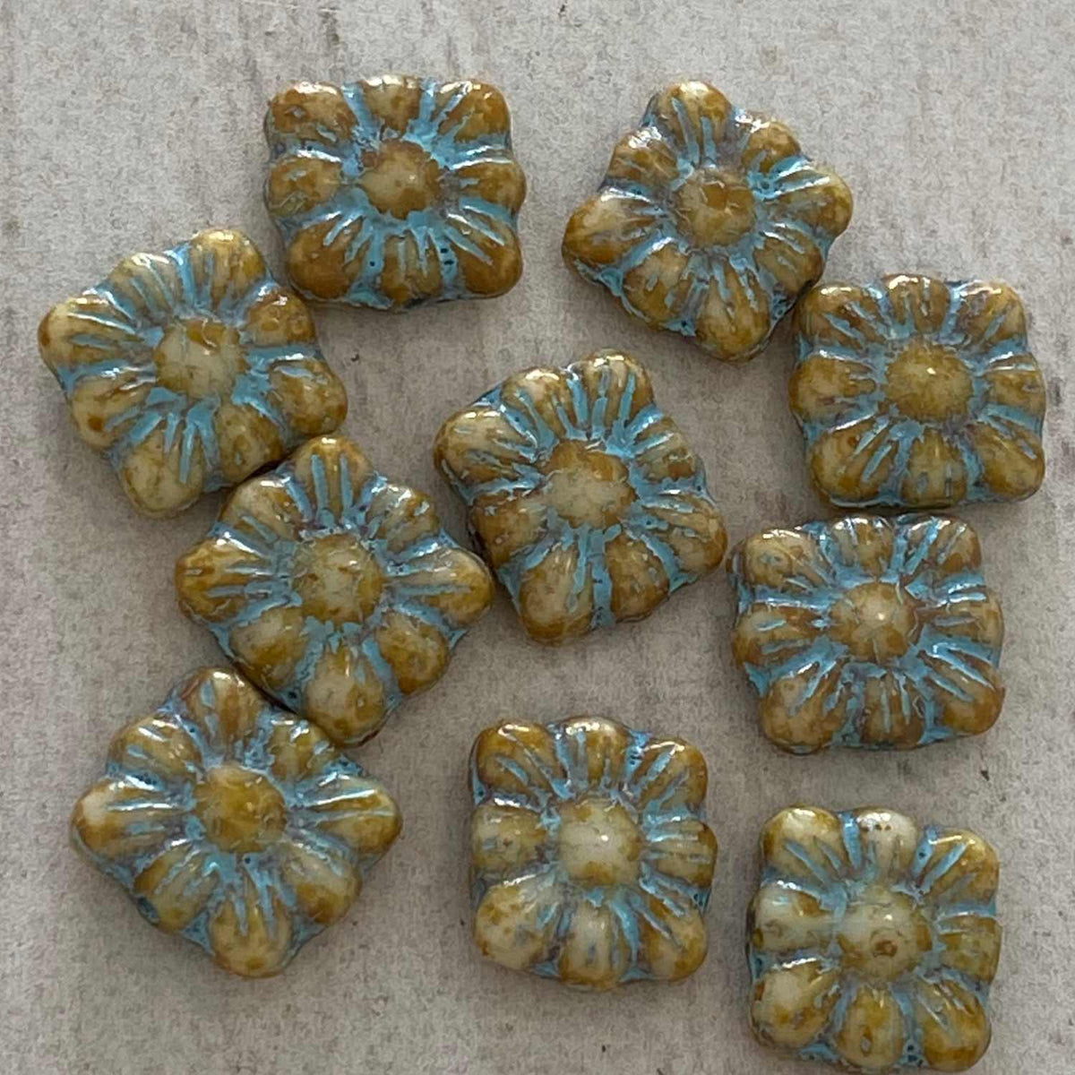 Czech Glass 9x9mm Square Flower Beige Opal Travertine with Turquoise Wash 10pcs