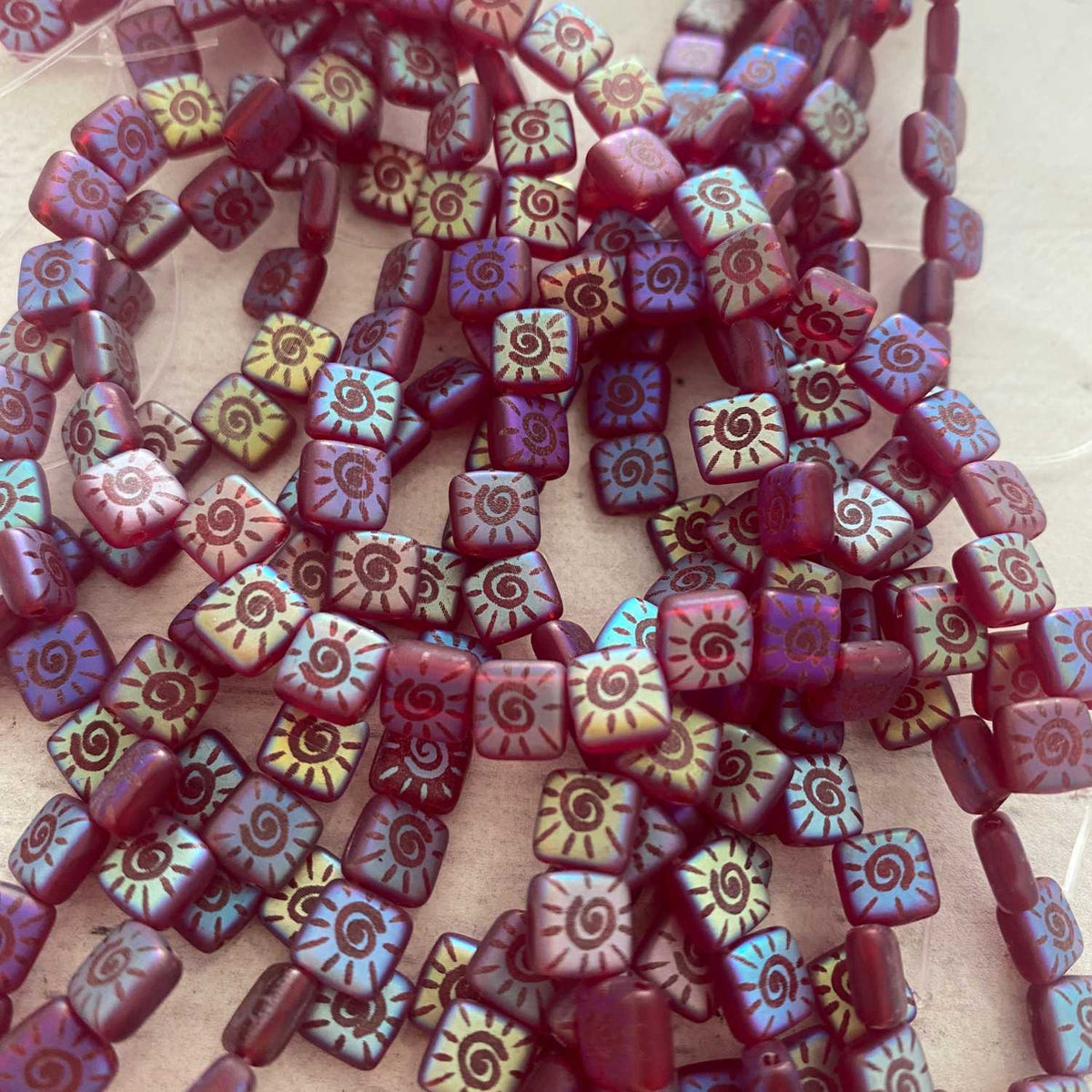 Czech Glass Tile Bead Cranberry Laser Swirl 6mm 25 pcs