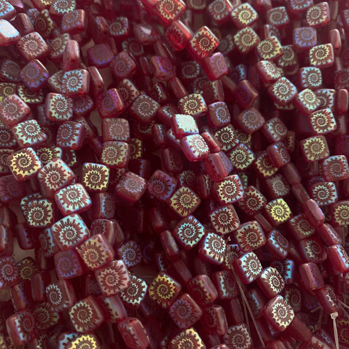 Czech Glass Tile Bead Cranberry Laser Full Swirl 6mm 25 pcs