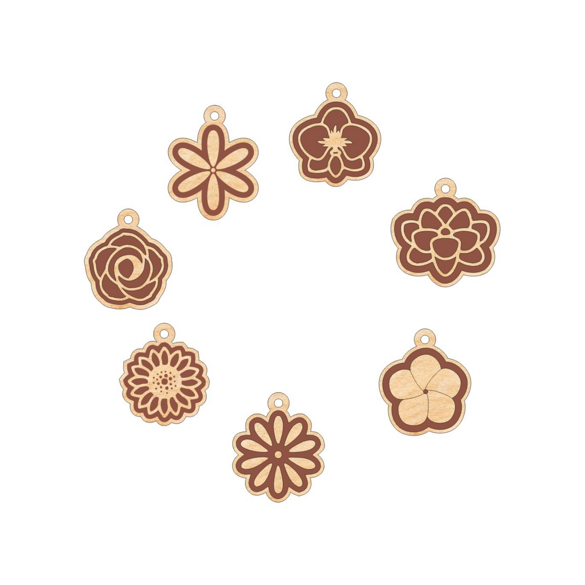 7 individual wood charms in the shape of flowers