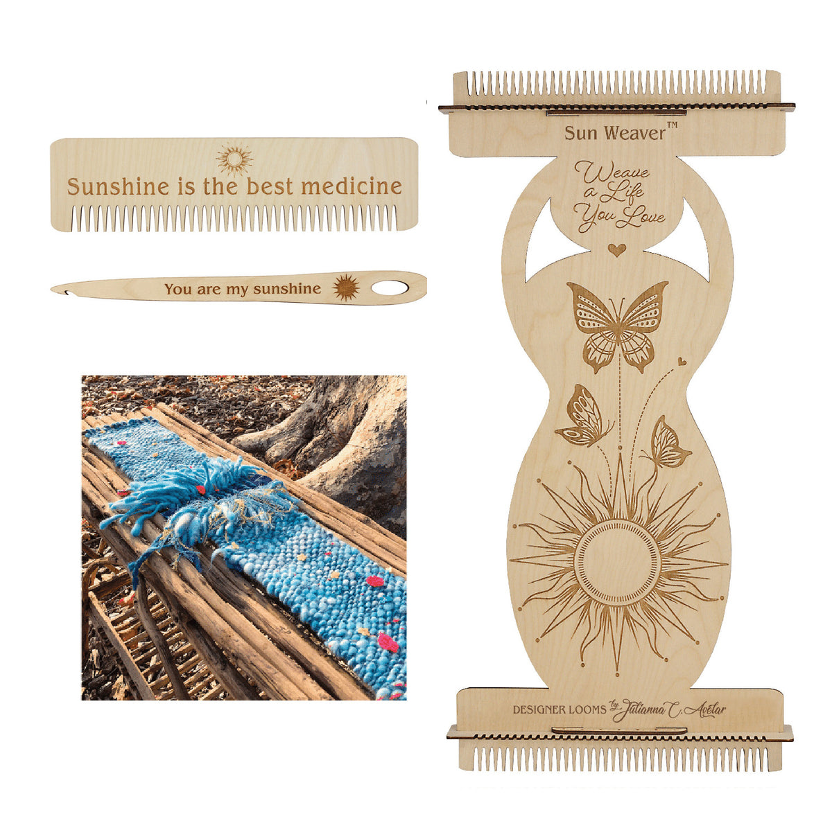 Large Sun Weaver Loom with Needle and Comb. Images of butterflies, hearts and a large sun have been laser engraved into the baltic birch wood. Wooden Needle has been engraved with the words You are my sunshine with a small sun. Wooden Comb has the words Sunshine is the best medicine with a small sun laser engraved. There is a finished example of a woven piece that was warped on both sides of the loom in yarn skein called Mermaid. It features blues, whites, reds and yellow. The image is on a white background