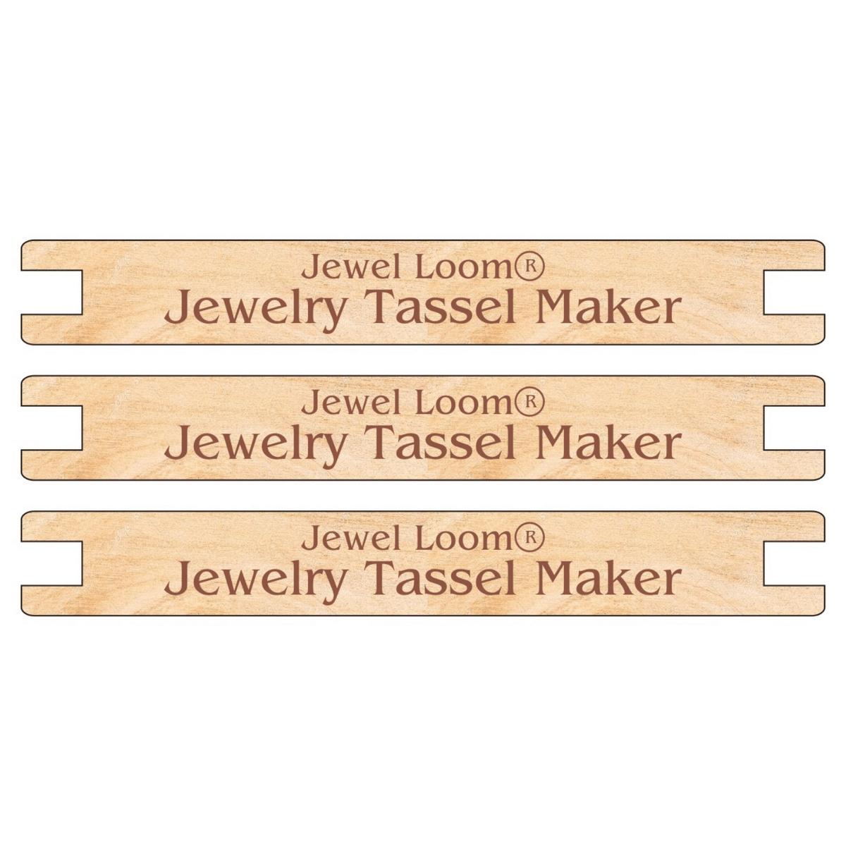 Three wooden tassel makers with 'Jewel Loom Jewelry Tassel Maker' printed on them, arranged vertically.