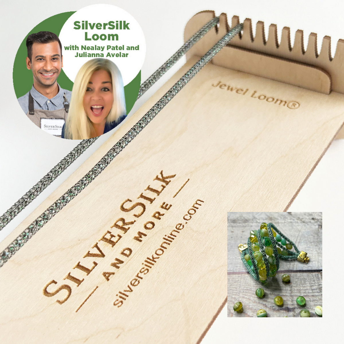 The image shows a SilverSilk bead loom made from Baltic Birch wood, with the brand name 'SilverSilk' printed on it. There are grooves for threading beads, and the loom appears to be flat with a certain structure for weaving. Also picuted is a bracelet made with SilverSilk Chain and light green 8mm round beads. There is an image of a man and women Nealay Patel and Julianna Avelar in a Circle Bubble. The background is white
