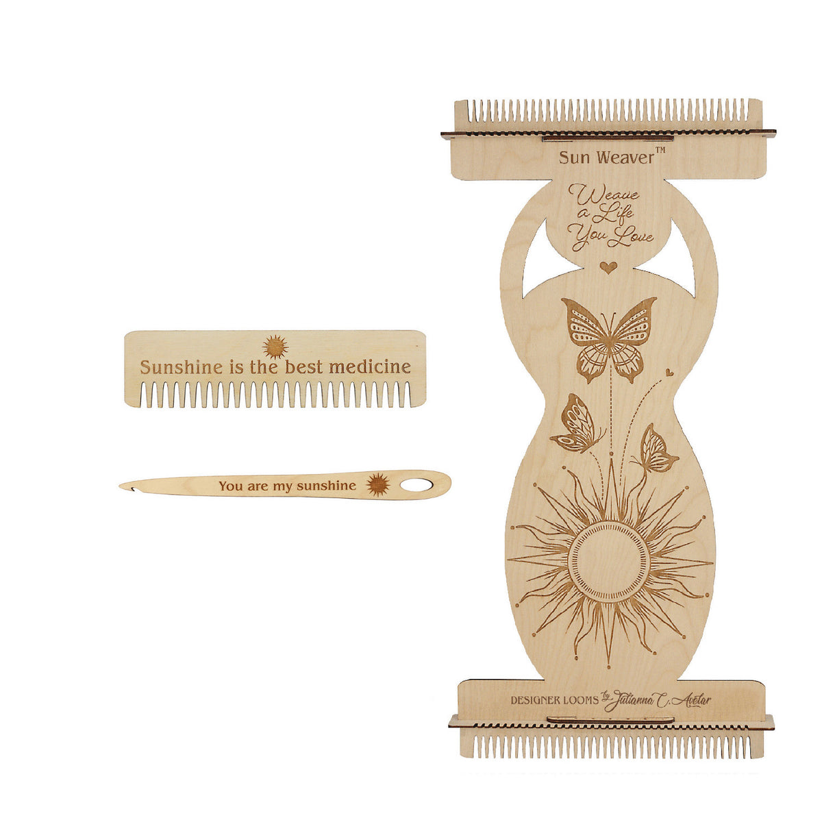 A wooden bead loom kit, including a small weaving sun loom with grooves and inscriptions, a needle, and a comb, with decorative butterfly and sun motifs.