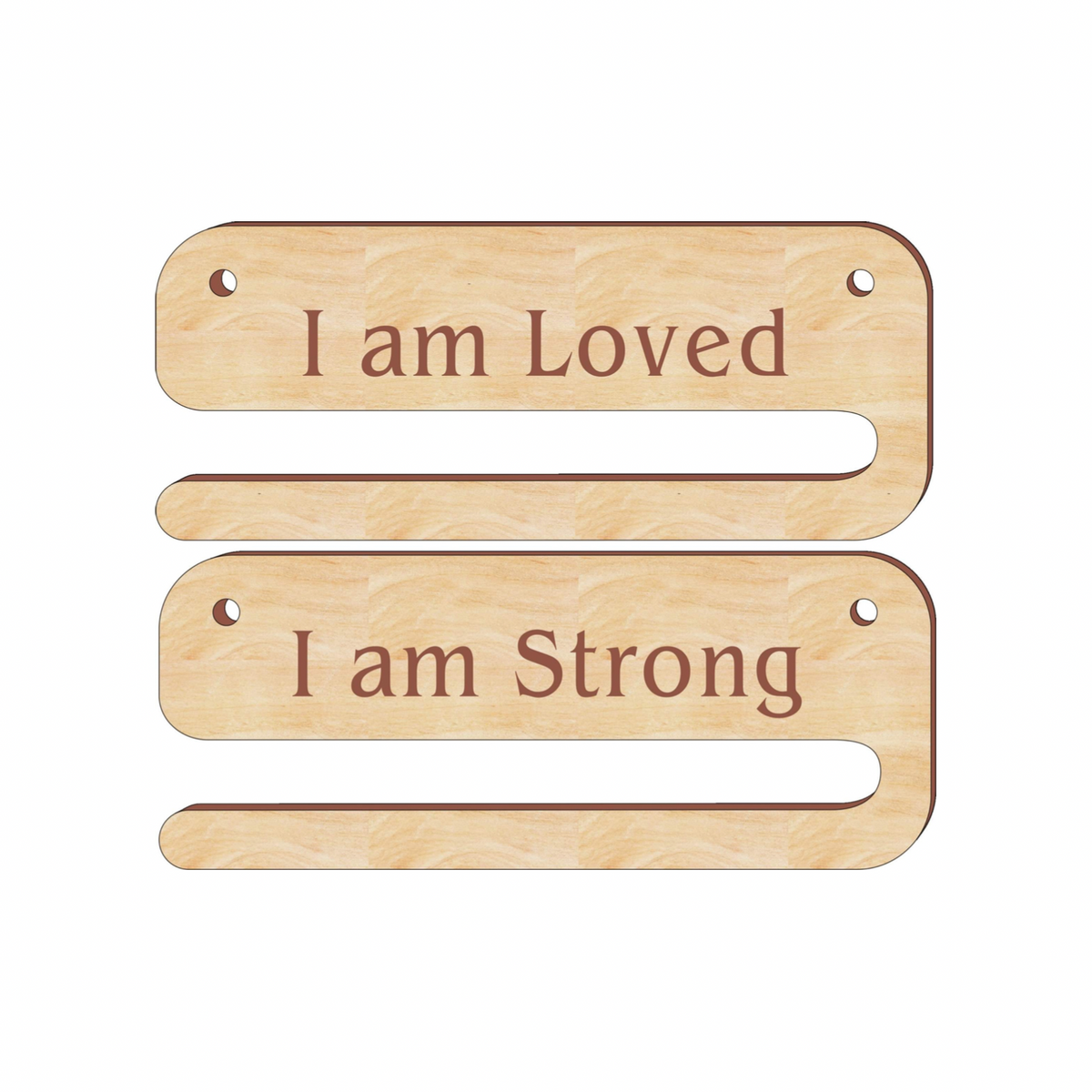 Two wooden wall art hangers with the inscriptions 'I am Loved' and 'I am Strong' respectively, on a white background.