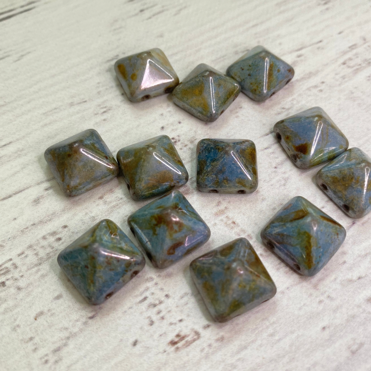 Czech Glass two hole 12mm Pyramid Blue Luster