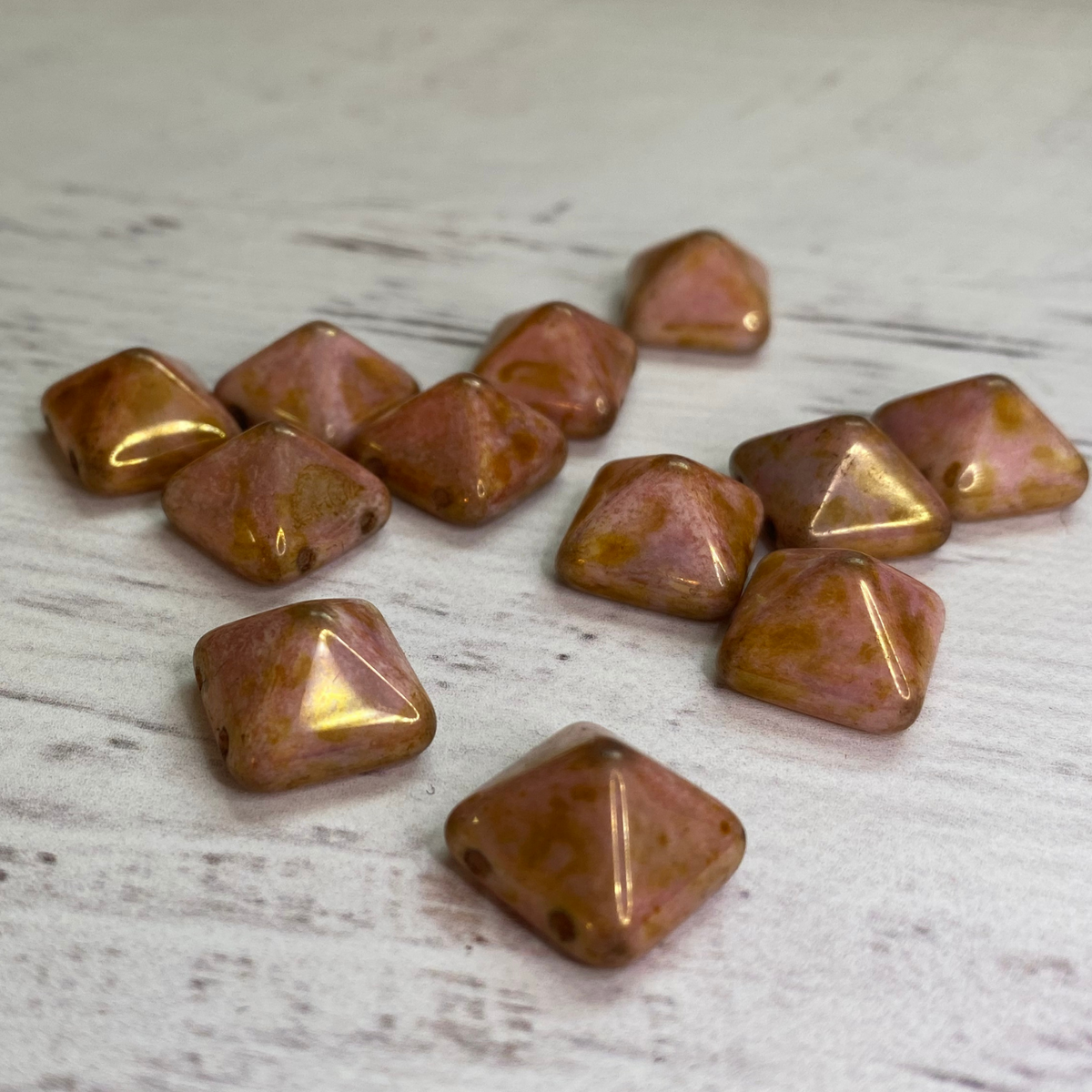 Czech Glass two hole 12mm Pyramid Rose Luster