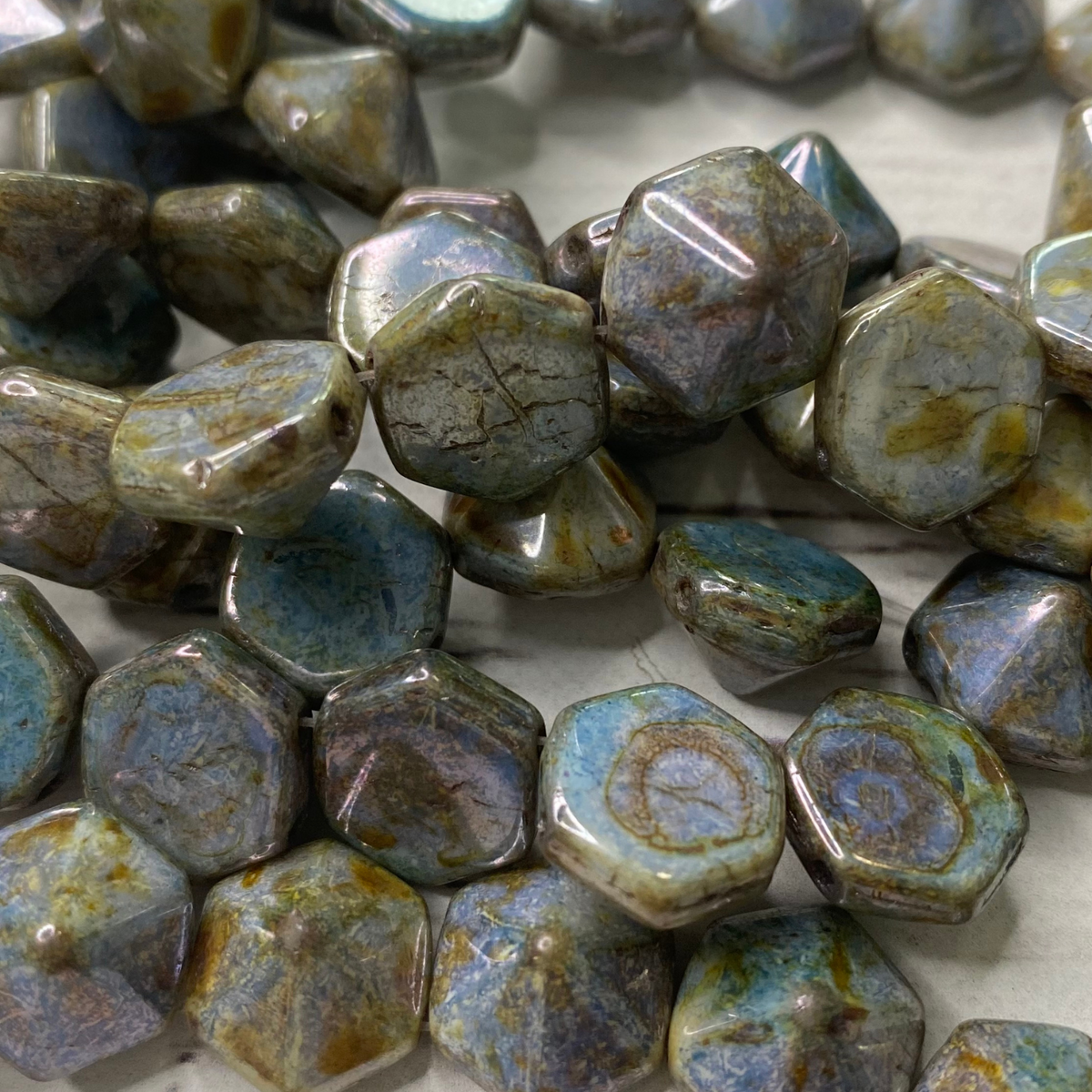 Czech Glass two hole 12mm Hexagon Pyramid Blue Sage Luster