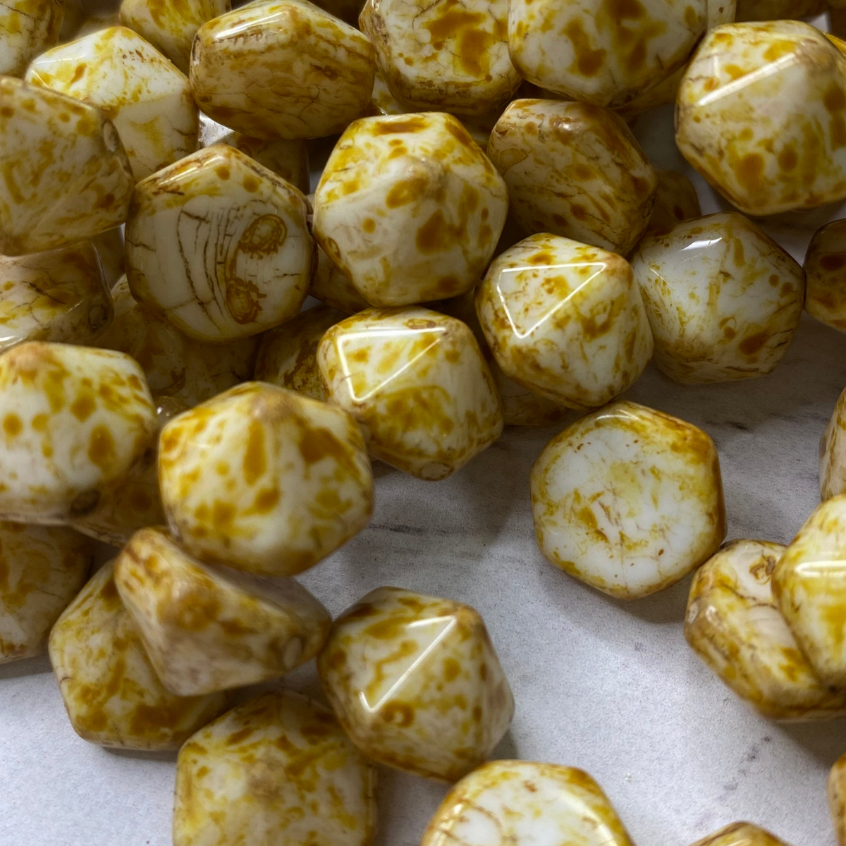 Czech Glass two hole 12mm Hexagon Pyramid Creme