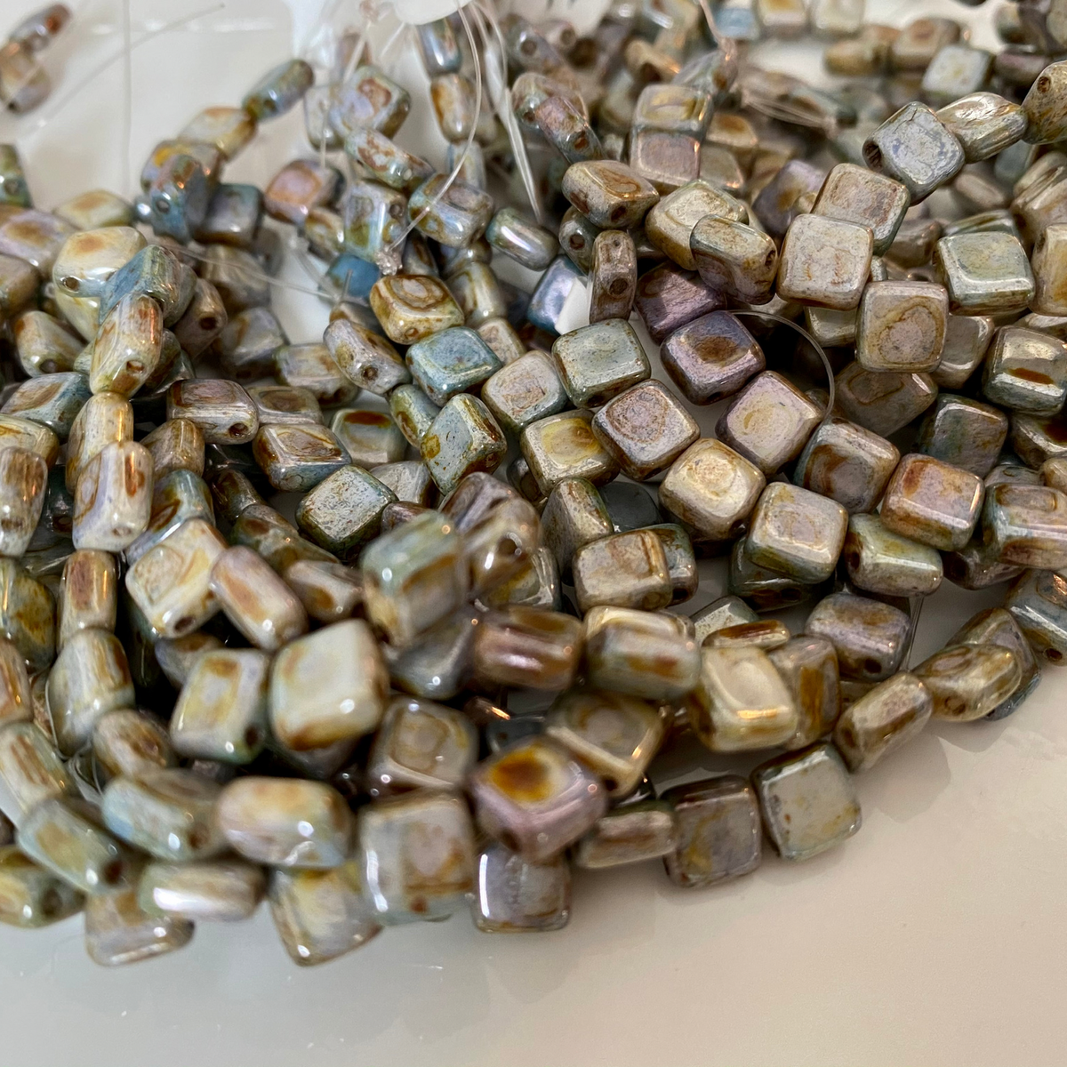 Czech Glass 6mm Tile Bead Light Sage Travertine Pink Luster