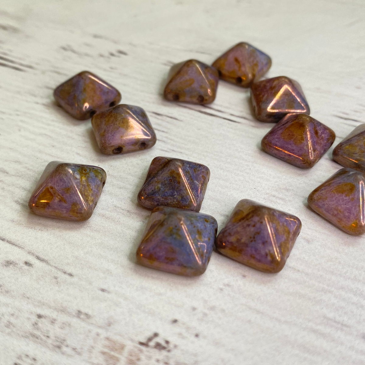 Czech Glass two hole 12mm Pyramid Purple Luster