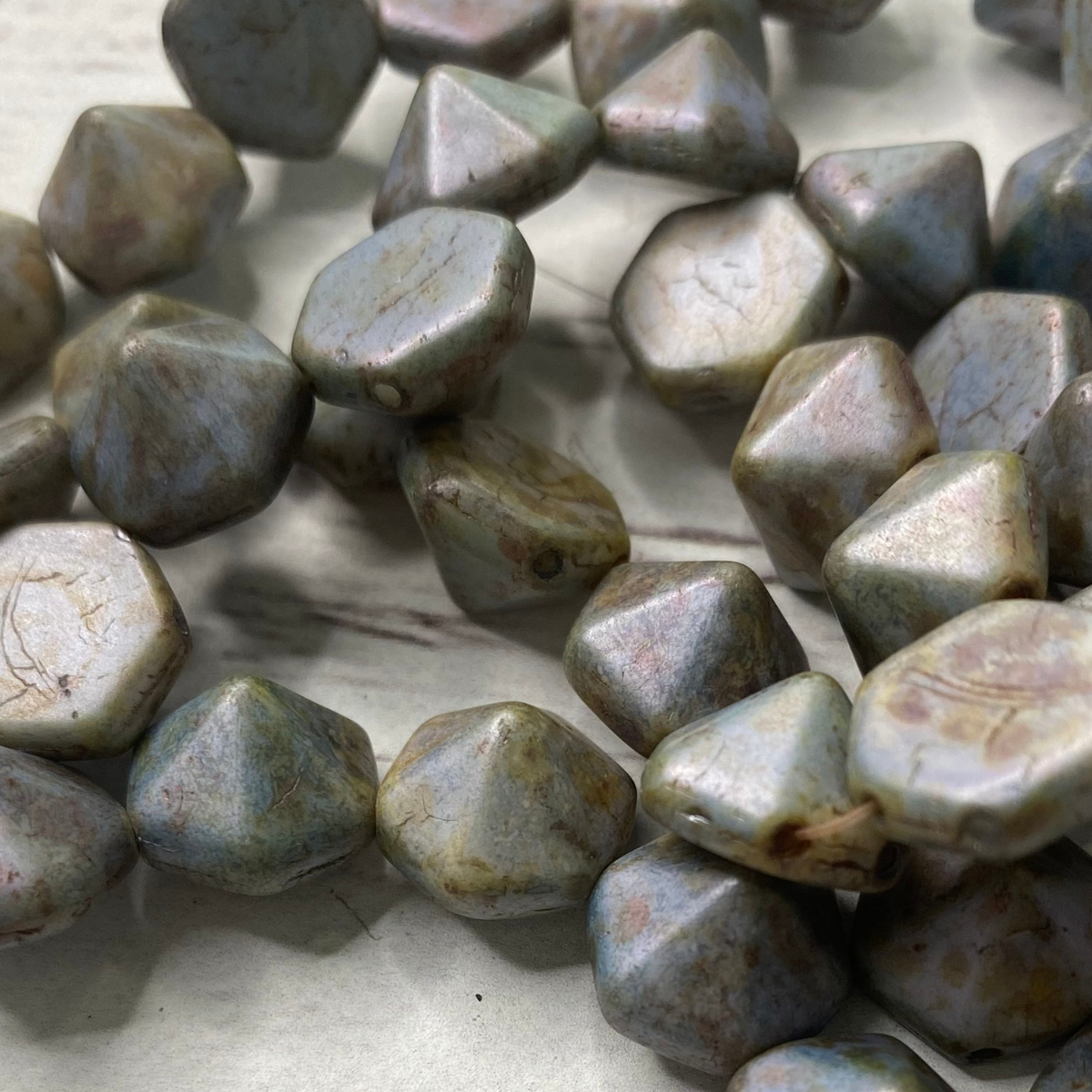 Czech Glass two hole 12mm Hexagon Pyramid Blue Sage Matte