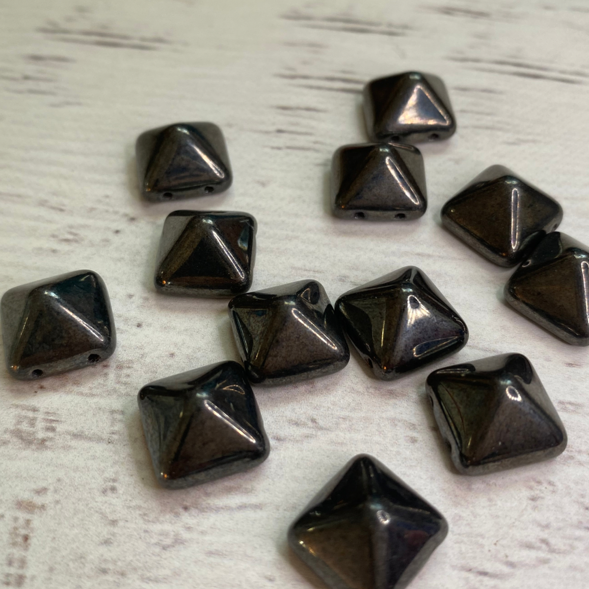 Czech Glass two hole 12mm Pyramid Hematite