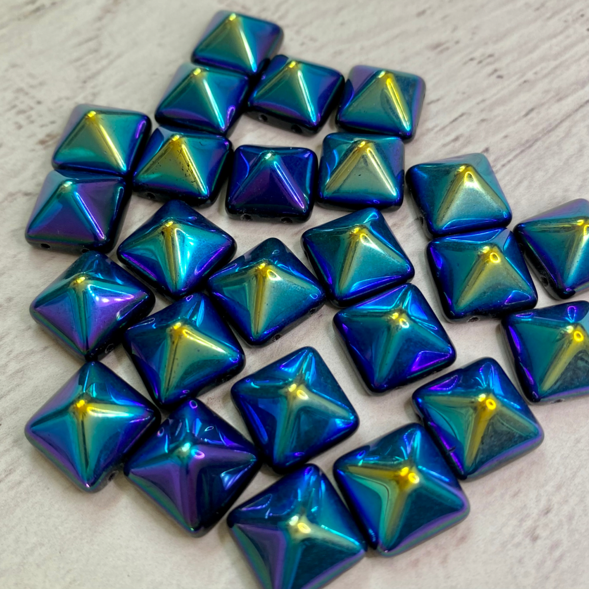 Czech Beads 12mm Pyramid Peacock Blue AB 30pcs