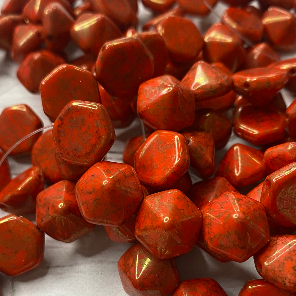 Czech Glass two hole 12mm Hexagon Pyramid Coral Red