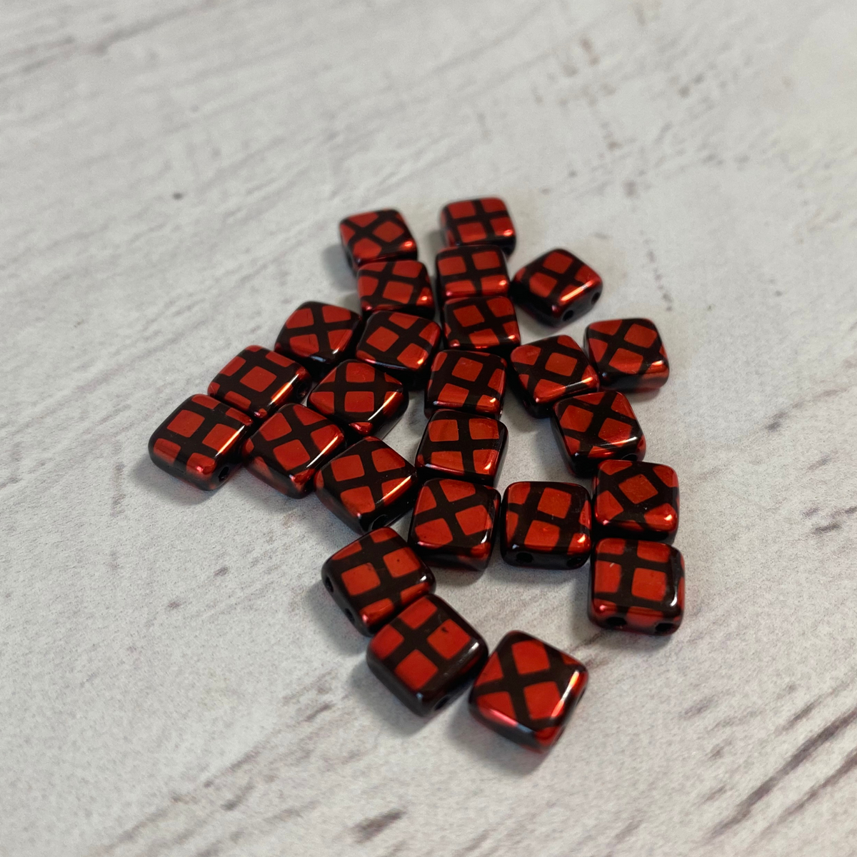 Czech Glass 6mm Tile Red Metallic w/Black lines