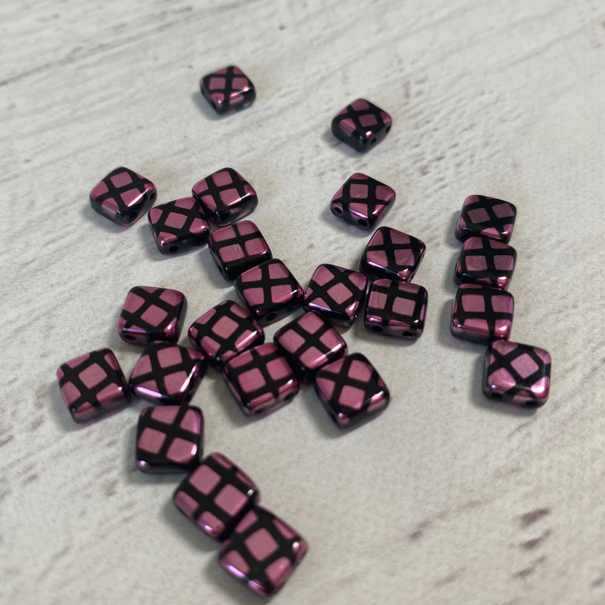 Czech Glass 6mm Tile Pink Metallic w/Black lines