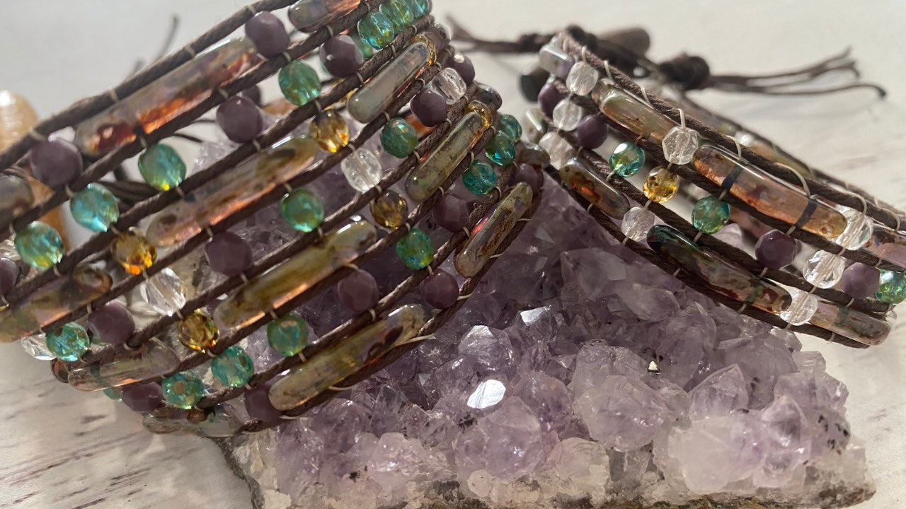 Czech Glass Boomerang & Fire Polish Beads Bracelet - Jewel Loom School with Jewels