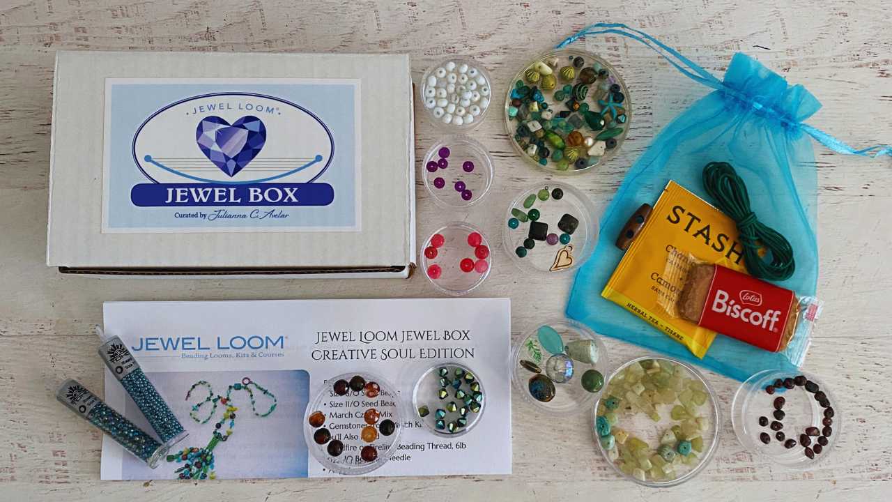Jewel Loom Jewel Box March 2026 Kit with 300 + beads, hemp cord, seed beads, wood button, tea and cookie 