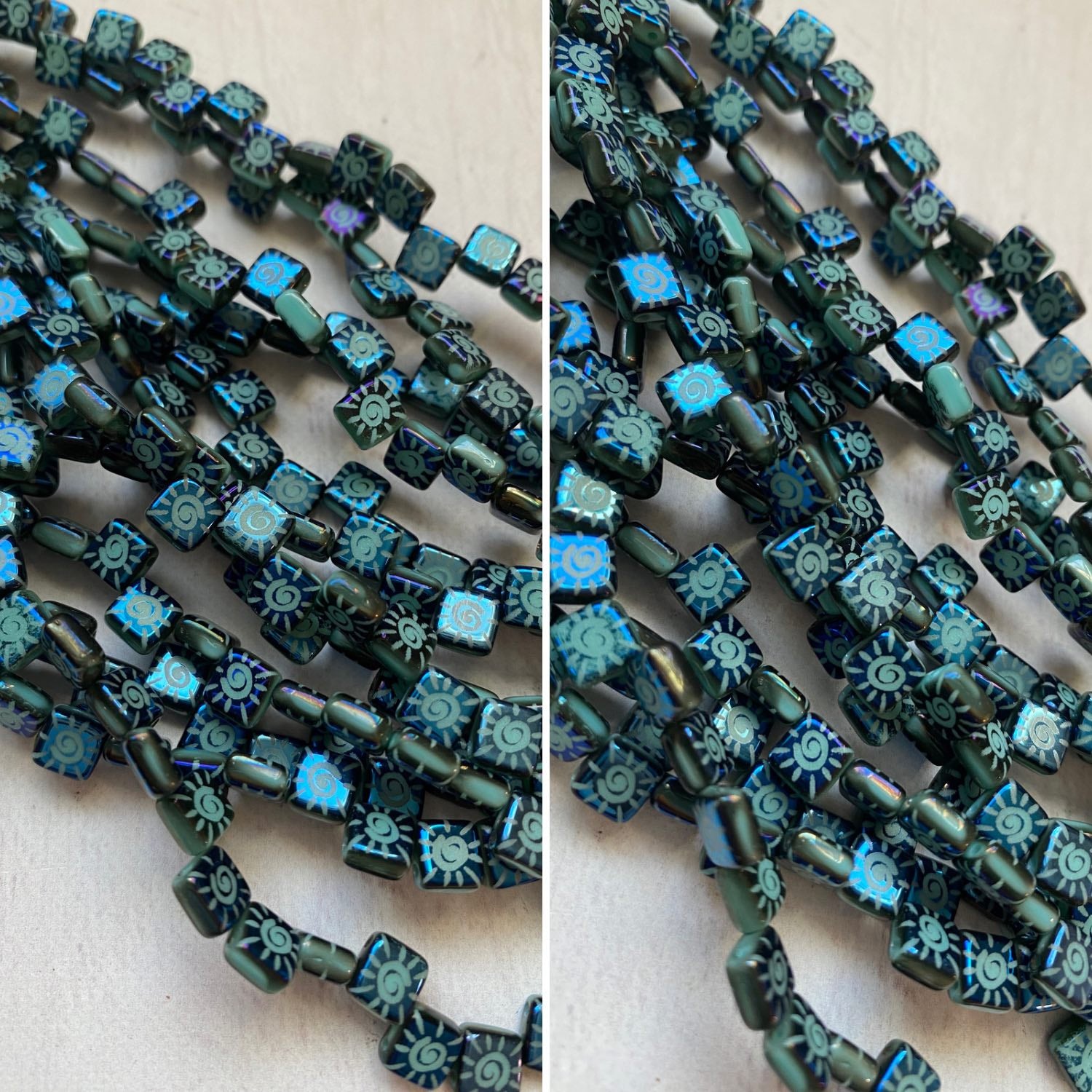 Czech Glass Laser Etched 6mm Square 2 Hole Beads Deep Blue Black with Sun