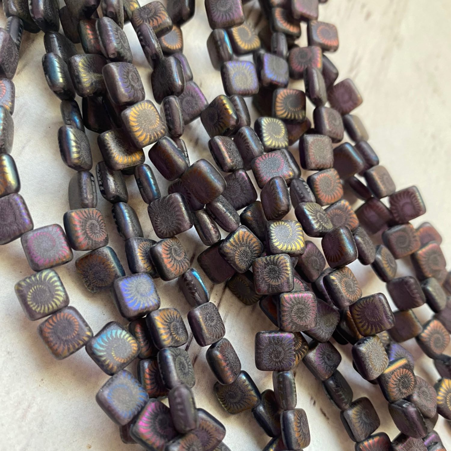 Czech Glass Laser Etched 6mm Square 2 Hole Beads Purple Iridescent with Swirl Sun
