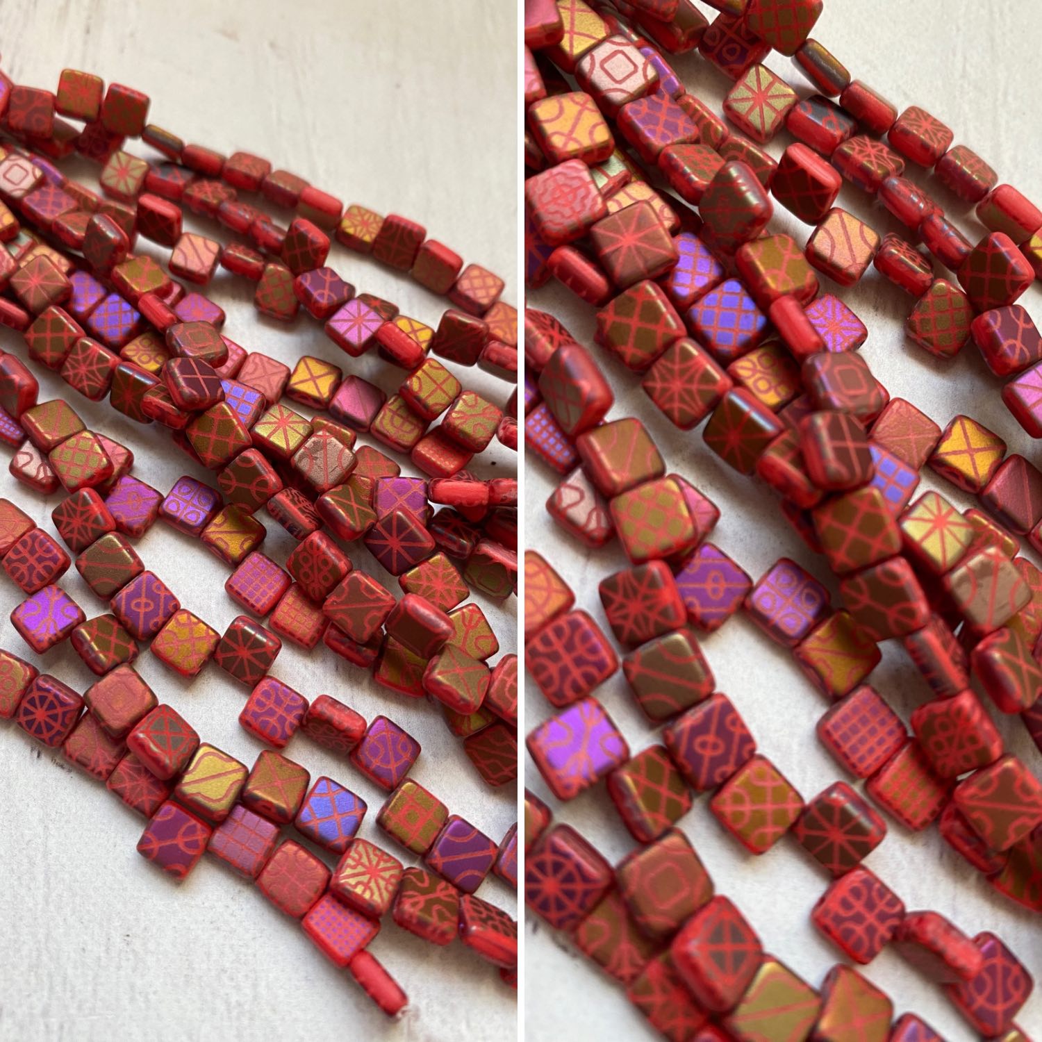 Czech Glass Laser Etched 6mm Square 2 Hole Beads Matte Iridescent Red with Patterns