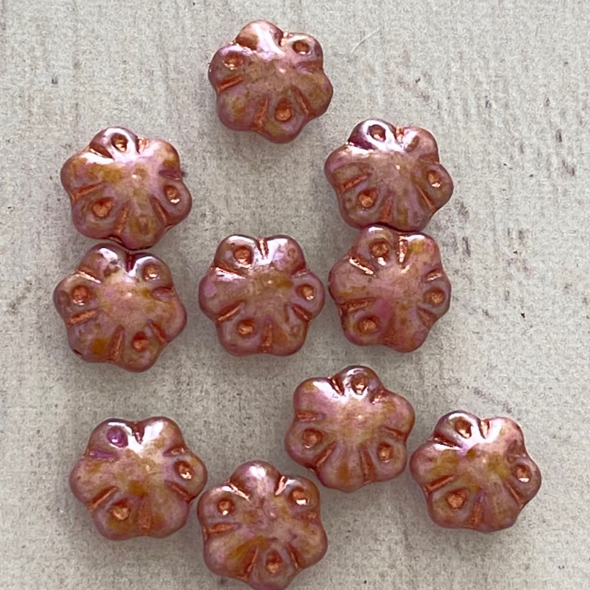 Czech Glass Folklore Flowers 11mm Rose Gold Luster with Copper Wash 10pcs