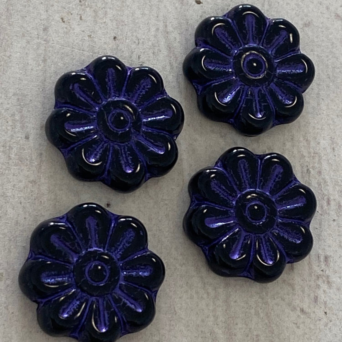 Czech Glass Flowers 18mm Jet with Purple Wash 4 pcs