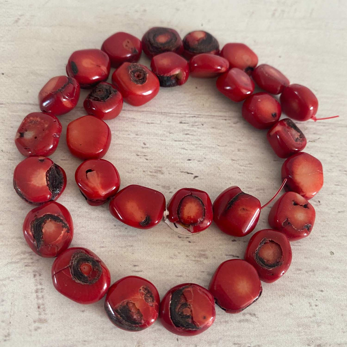 Bamboo Coral Red Large Pressed Nugget Bead Strand 32 Pieces