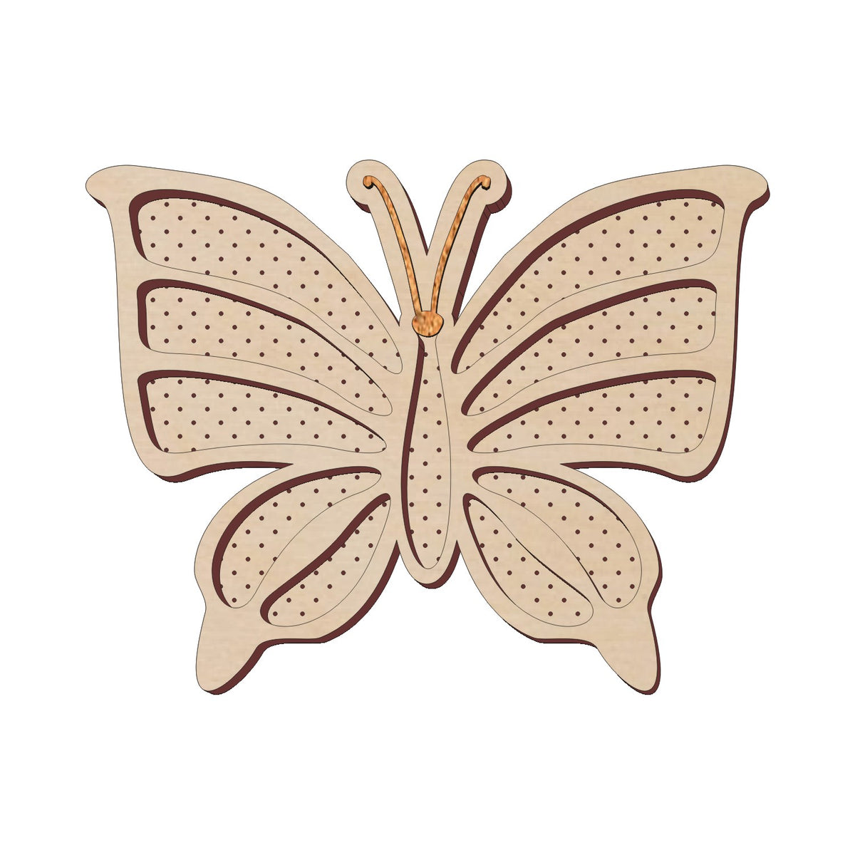 A beige wooden bead board shaped like a butterfly, with perforations for threading beads and a cork in the center for resting a beading needle.