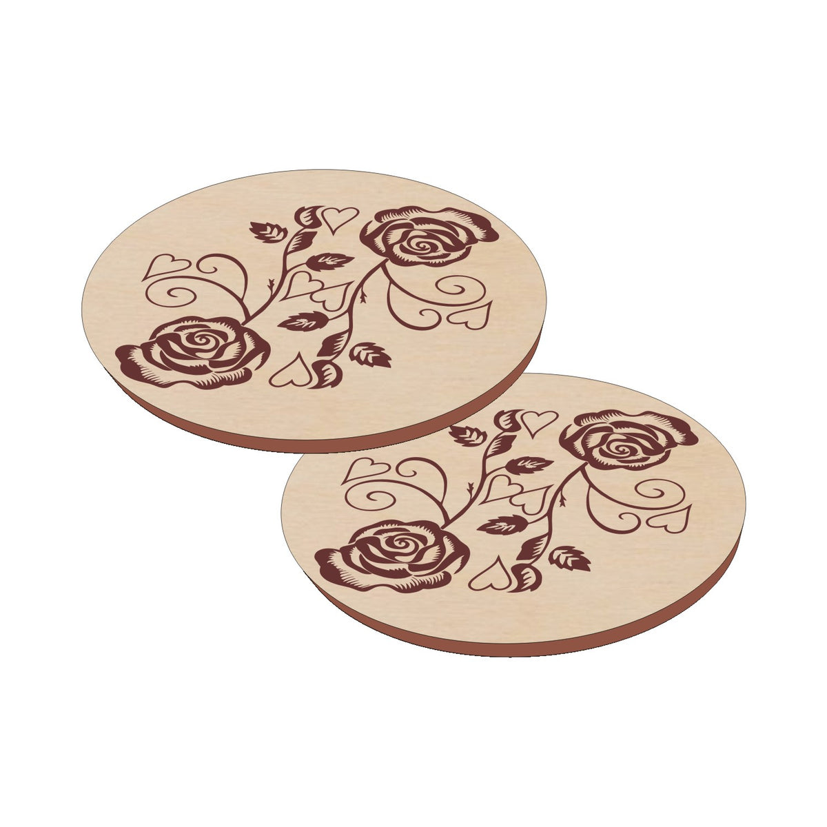 Sustainable Baltic Birch Designer Coasters with Roses and Hearts 2 pieces