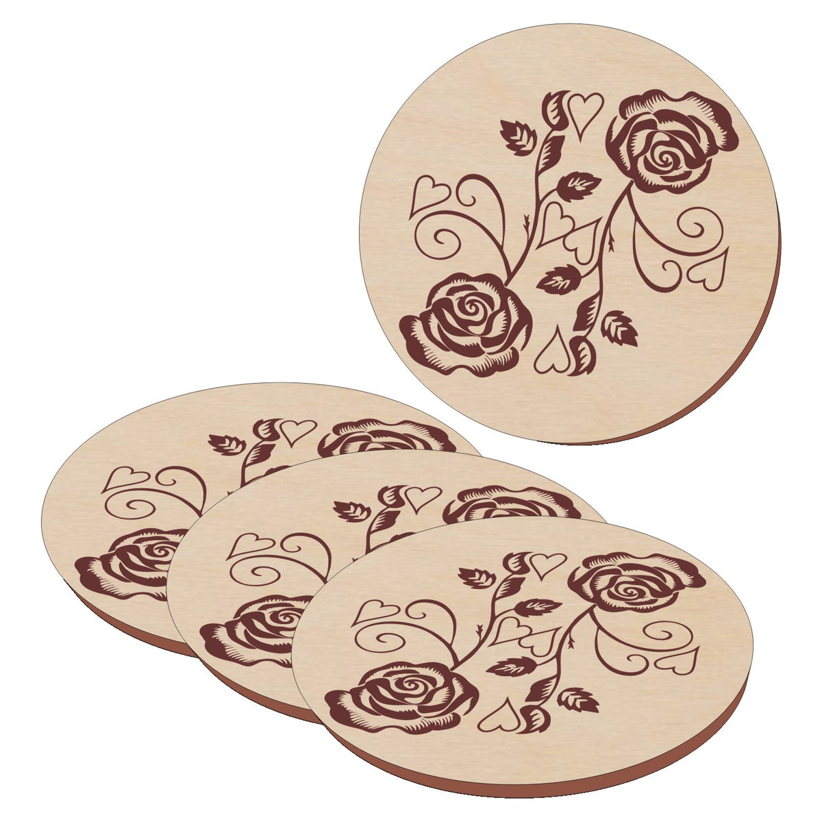 Sustainable Baltic Birch Designer Coasters with Roses and Hearts Set of 4