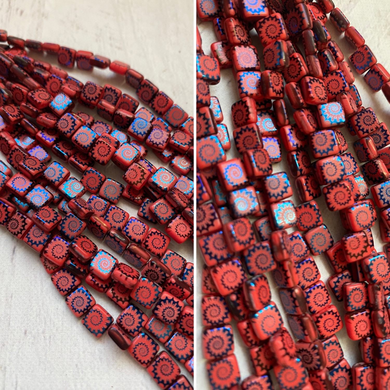 Czech Glass Laser Etched 6mm Square 2 Hole Beads Burnt Red