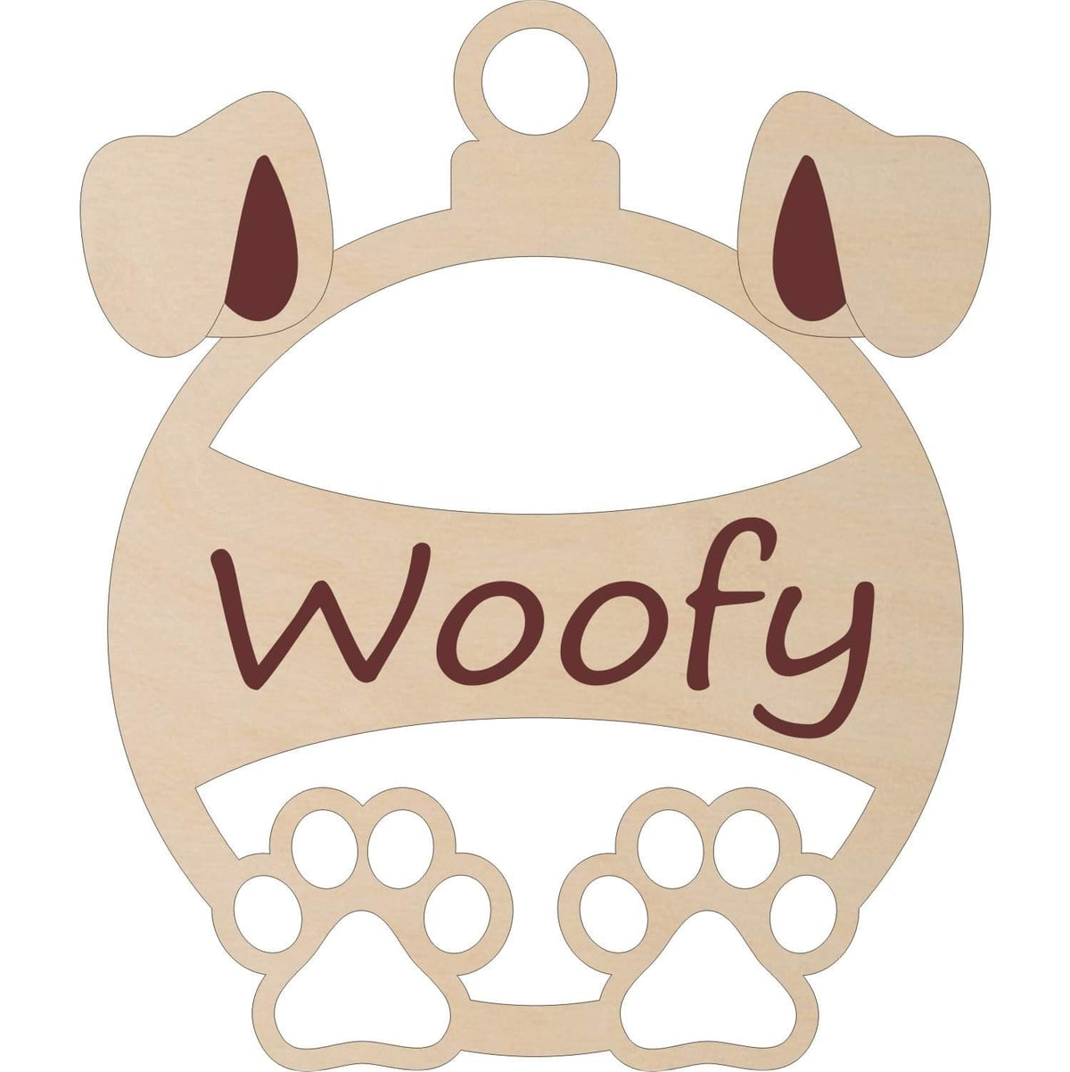 A image of an ornament shaped with dog ears and paws. Personalize the ornament with your name in the middle 