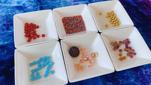 Jewel Loom Jewel Box September 2d color way option in blue, copper, purple, gold and light topaz peach. Kit includes Czech 6mm square 2- hole beads, czech 6mm round pearls, Czech Glass, Vintage Czech Button and Seed beads 