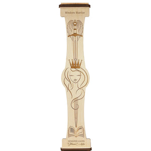 An upright wooden bead loom with an engraved design, measuring 4 inches wide by 25 inches long, named 'Wisdom Warrior'.