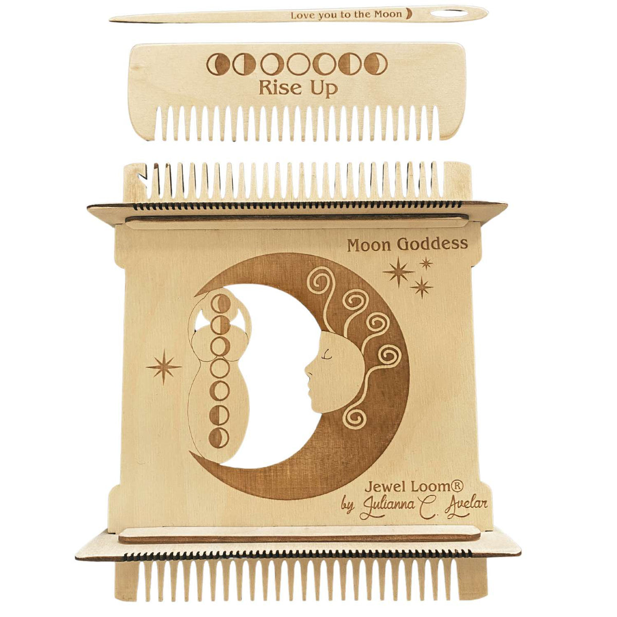 A wooden Mini Moon Loom with a crescent moon and stars design, accompanied by a wood needle and comb.